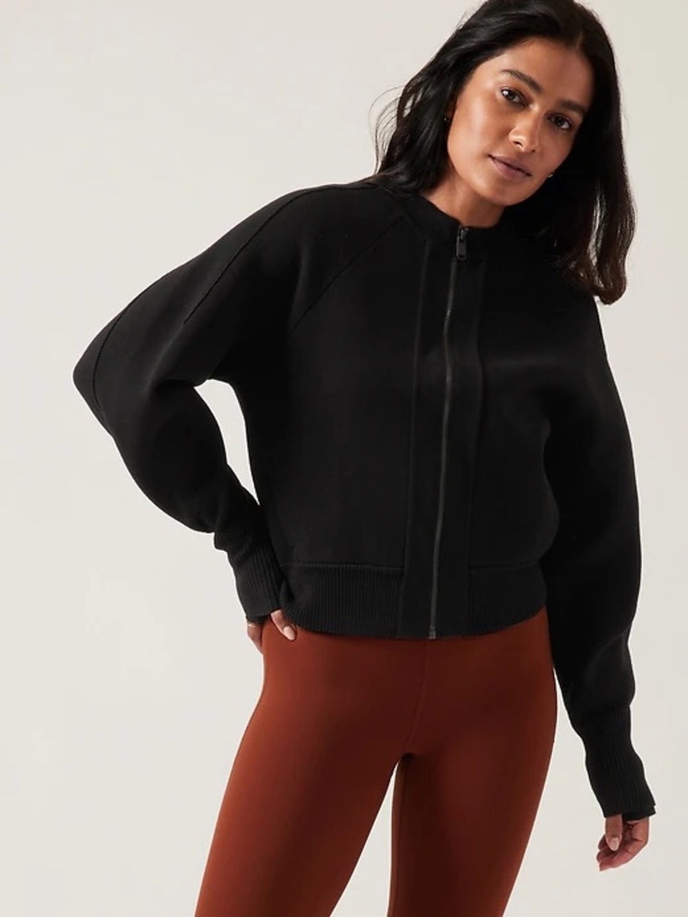 Athleta Black Zip Front Bomber Jacket XS Scuba Knit Balloon Sleeve Luxe